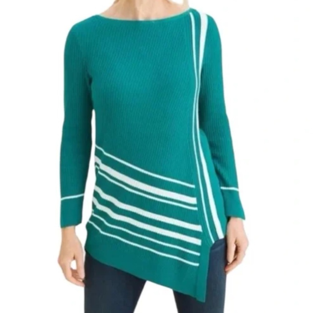 Chicos Sz 2 US L Bright Jade Coastal Asymmetrical Hem Striped Tunic Sweater - Picture 1 of 12